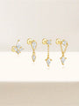 Four 18k gold plated sterling silver labret piercings with cubic zirconia: geometric cluster, kite dangle, and chain designs.
