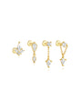Four 18k gold plated sterling silver labret piercings with cubic zirconia stones: cluster, diamond, and chain link designs.