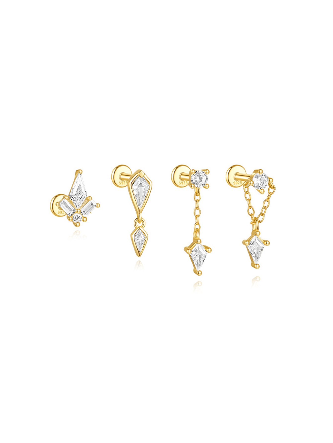 Four 18k gold plated sterling silver labret piercings with cubic zirconia stones: cluster, diamond, and chain link designs.
