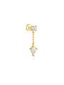 18k gold plated sterling silver labret piercing with cubic zirconia stud and dangling square-cut CZ on a chain.