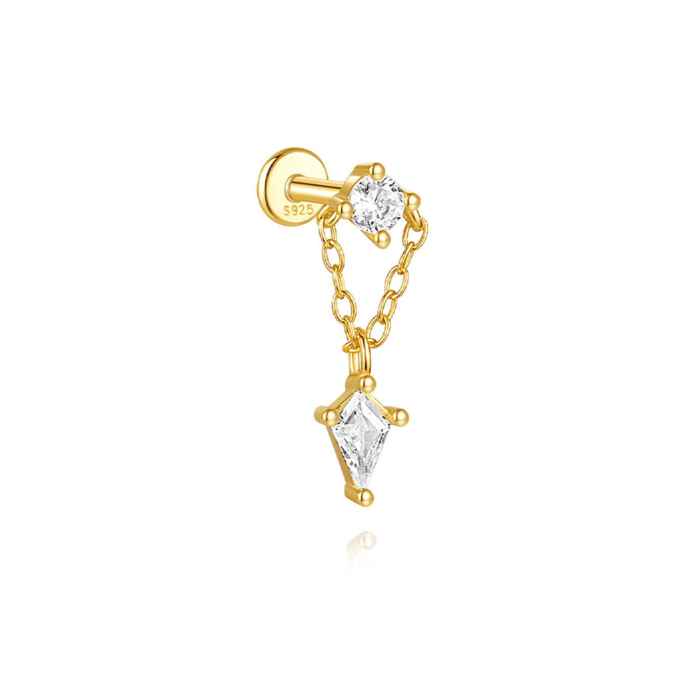 18k gold plated sterling silver labret piercing with a single cz stud connected by chain to a kite-shaped cz pendant.