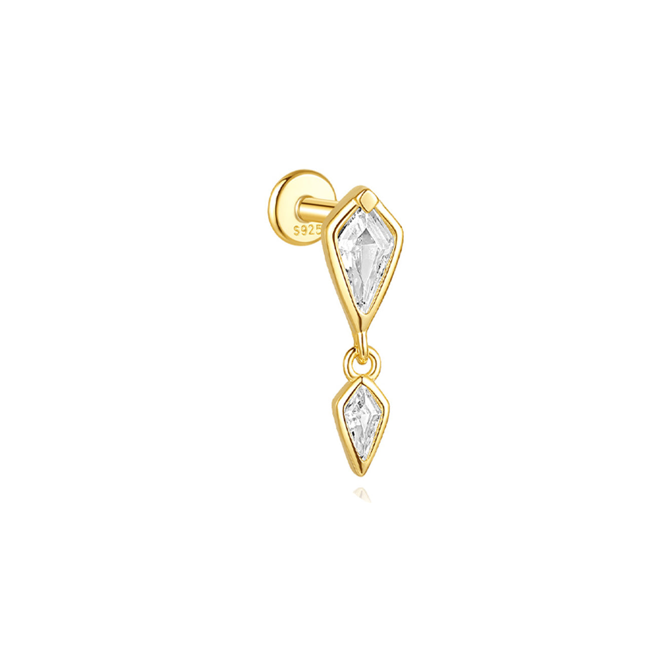 18k gold plated sterling silver labret ear piercing with two kite-shaped cubic zirconia stones, one stud, one chain pendant.