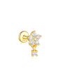 Gold plated sterling silver flat back stud earring with a flower charm and dangling cubic zirconia cluster. Hypoallergenic.