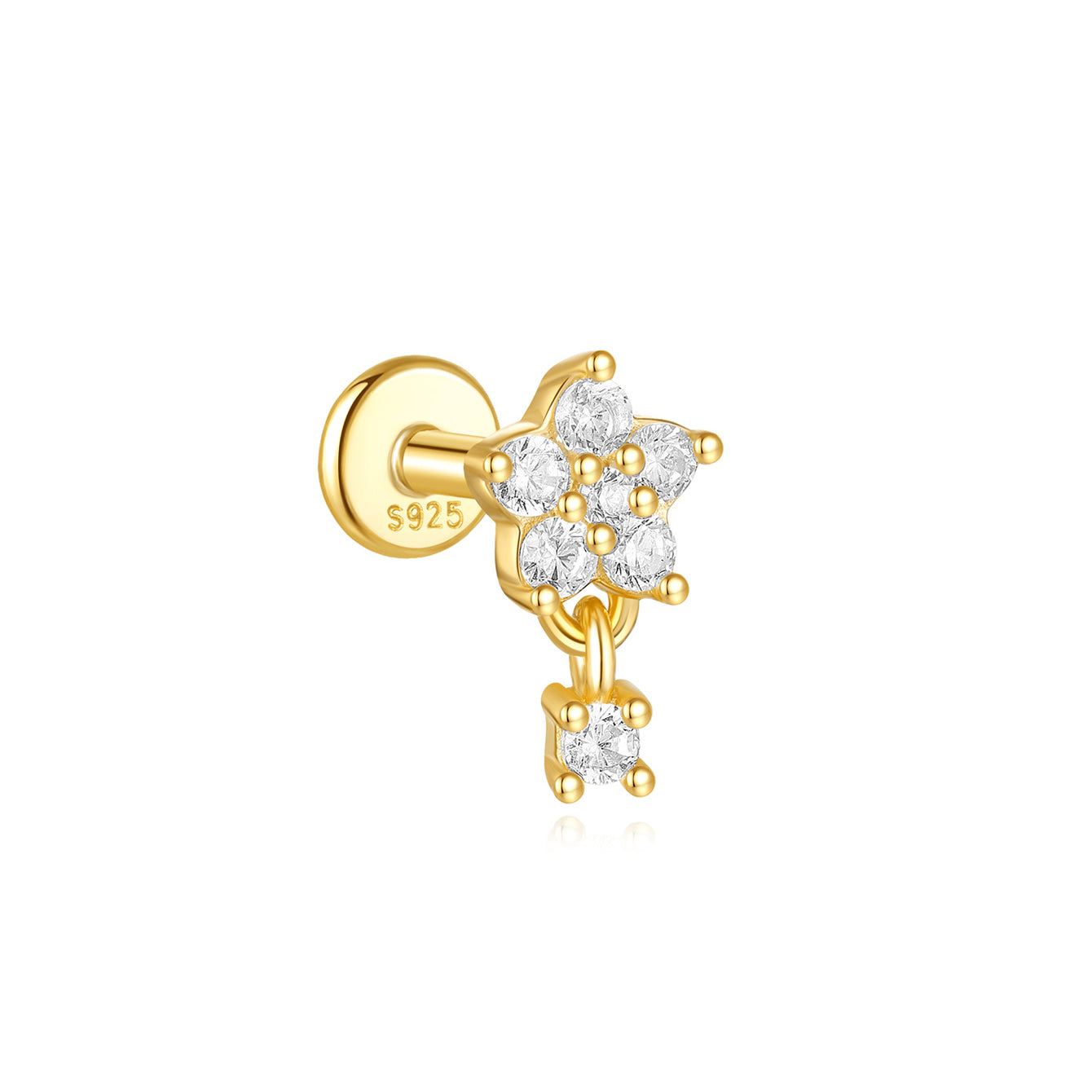 Gold plated sterling silver flat back stud earring with a flower charm and dangling cubic zirconia cluster. Hypoallergenic.