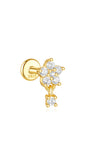 Gold plated sterling silver flat back stud earring with a flower charm and dangling cubic zirconia cluster. Hypoallergenic.