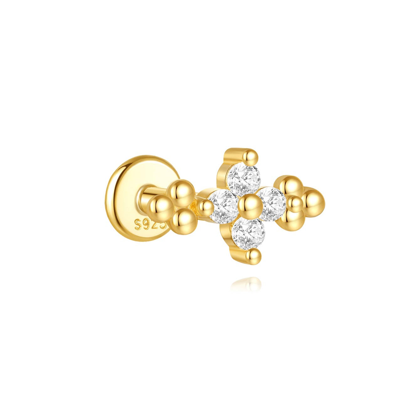 Boucle d'oreille en argent sterling plaqué or avec motif croix en zircone cubique et accents de perles. Dos plat hypoallergénique.