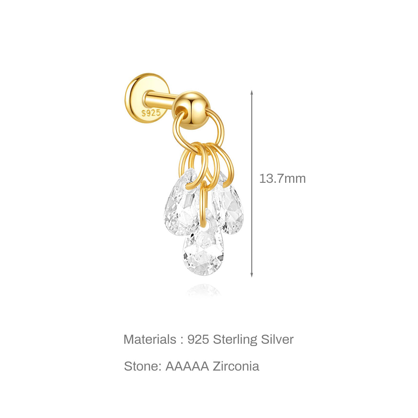 Gold 925 Sterling Silver stud earring with 13.7mm drop cluster of pear-shaped AAAAA cubic zirconia stones.