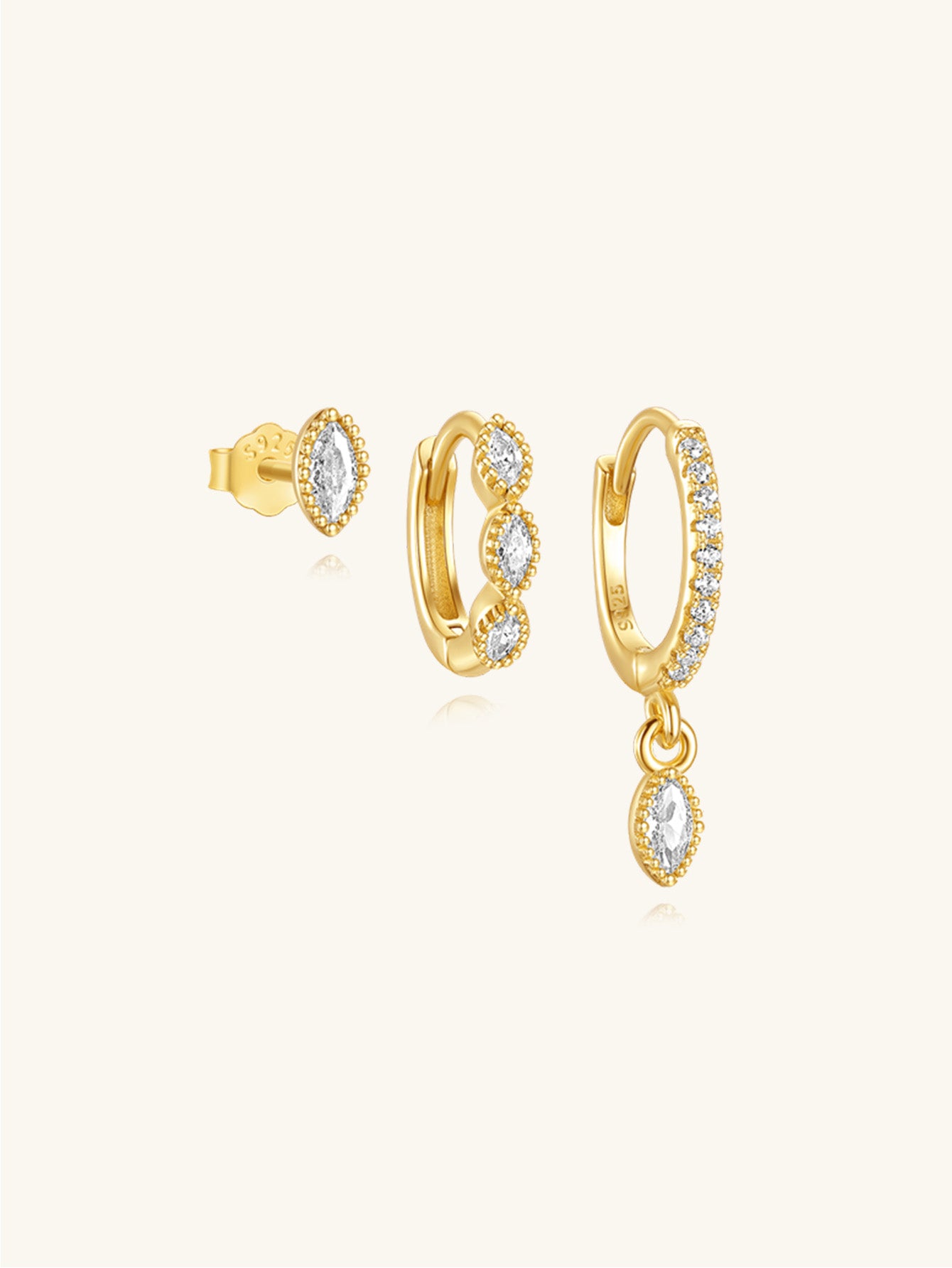 925 Sterling Silver Marquise Zirconia Hoop and Stud Earrings - 18K Gold Plated.