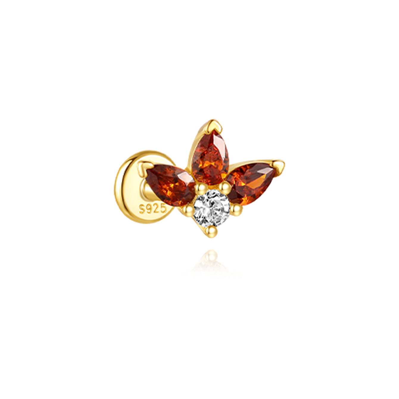 925 Sterling Silver gold plated stud earring with red marquise cubic zirconia petals and clear center stone. Hypoallergenic.