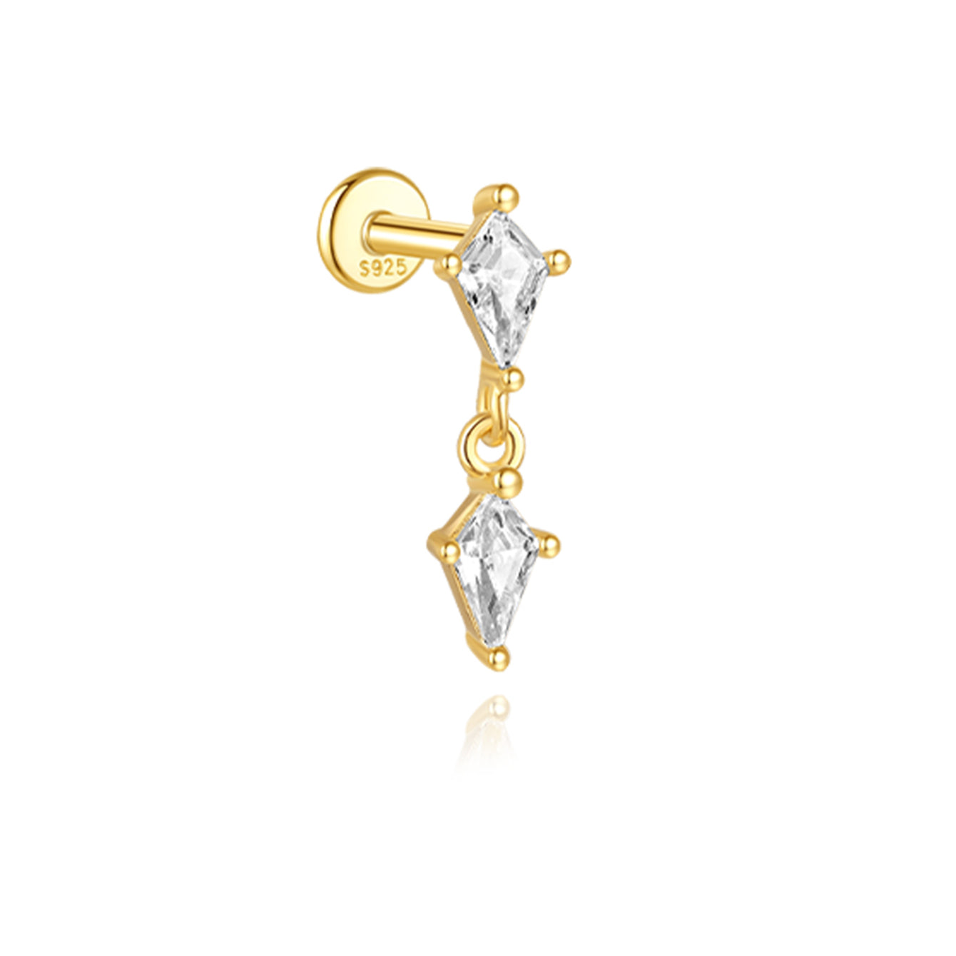 18K gold plated sterling silver flat back pendant earring featuring two rhombus CZs connected by a delicate chain.
