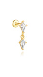 18K gold plated sterling silver flat back pendant earring featuring two rhombus CZs connected by a delicate chain.