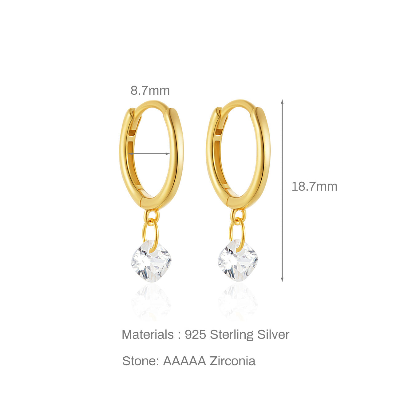 Gold-plated 925 silver hoop earrings with cubic zirconia: 8.7x18.7mm. Sterling Silver, AAAAA Zirconia.