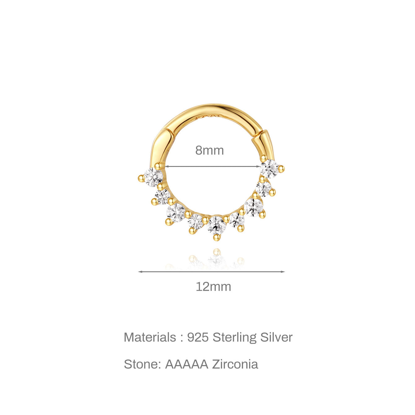 Gold-plated 925 sterling silver clicker hoop earring with fan of AAAAA cubic zirconia, 8mm diameter, 12mm length.