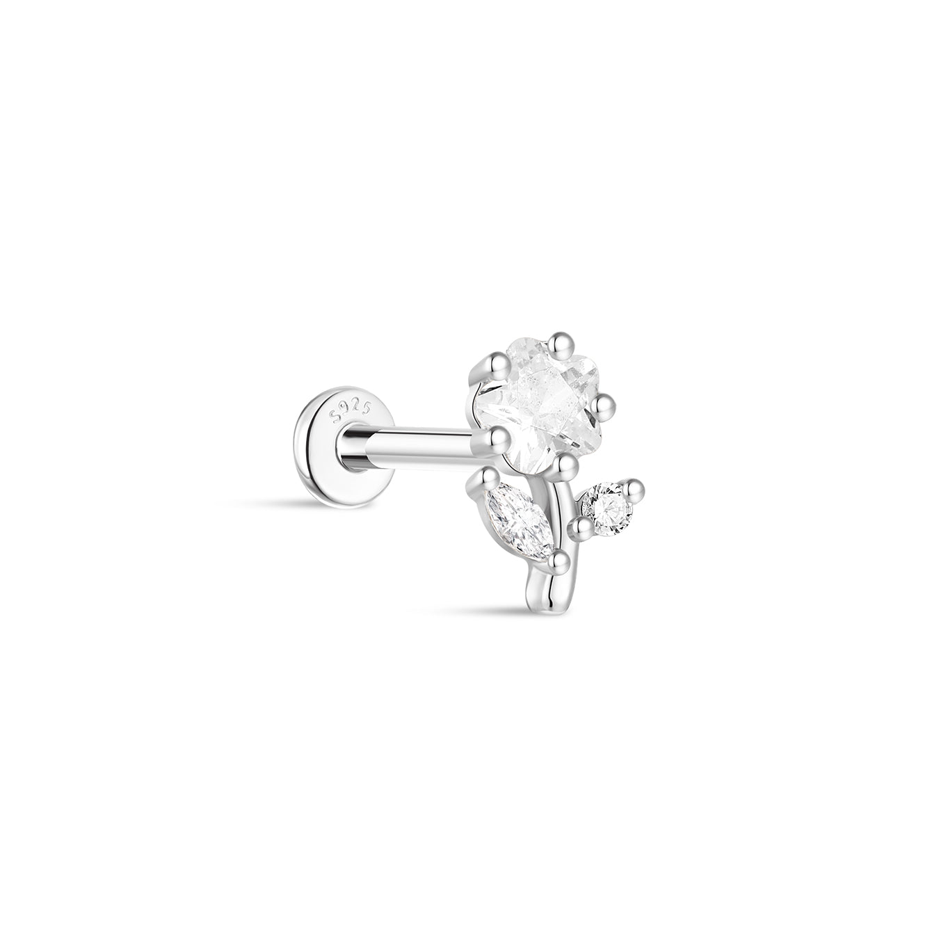 925 sterling silver cherry blossom flatback stud earring with cubic zirconia internally threaded labret cartilage jewelry
