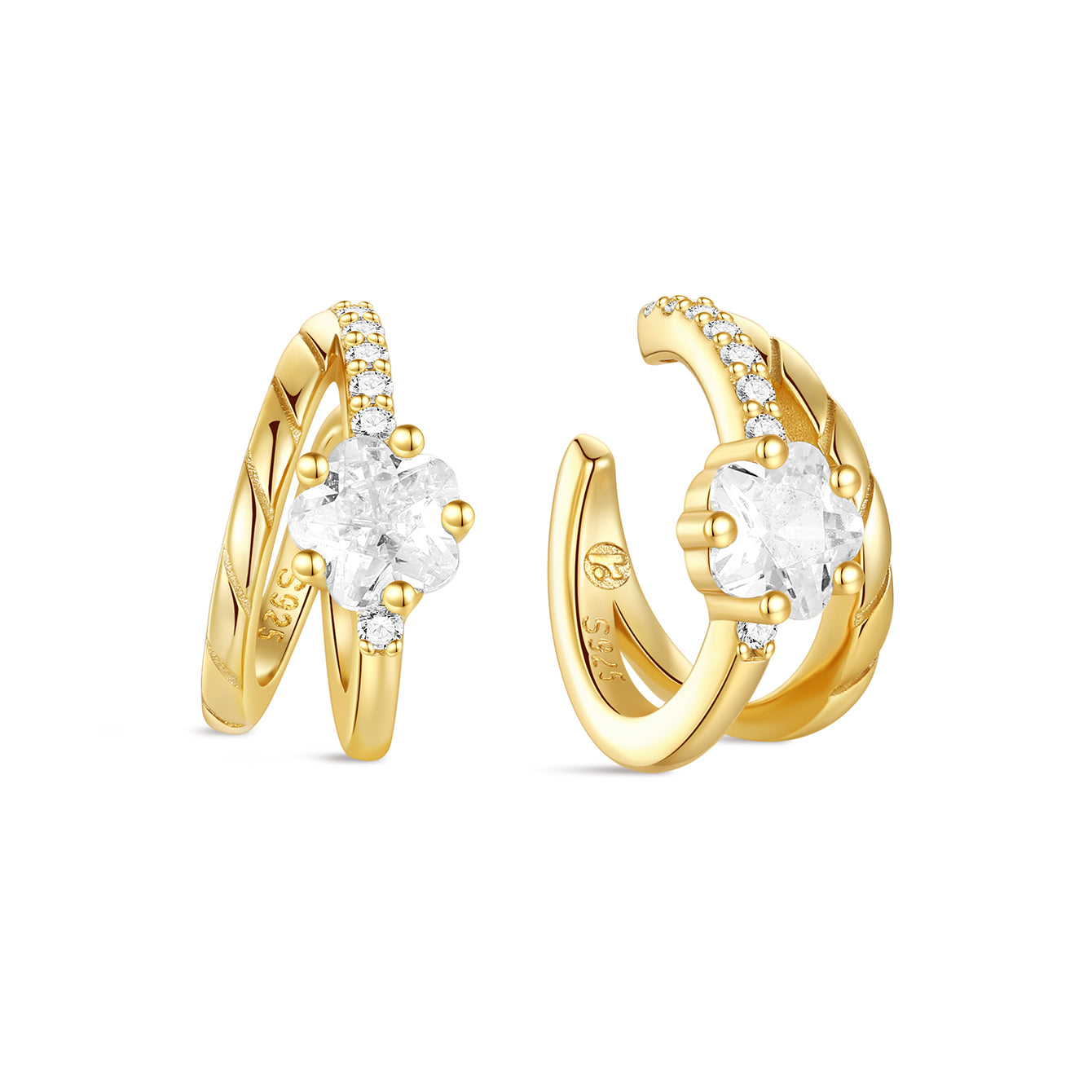 S925 Shiny Cherry Blossom Zirconia Double-layer Clip Earrings - Kosinerjewelry