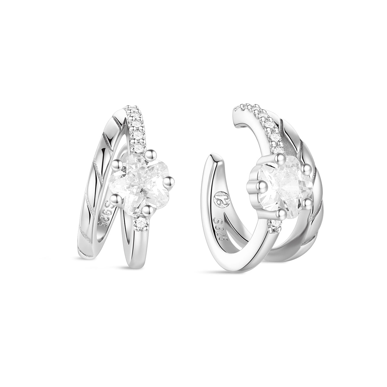 Kosiner 925 Sterling Silver Cherry Blossom CZ Double Layer Ear Cuff, Single Non-Pierced Silver Earring for Sensitive Skin