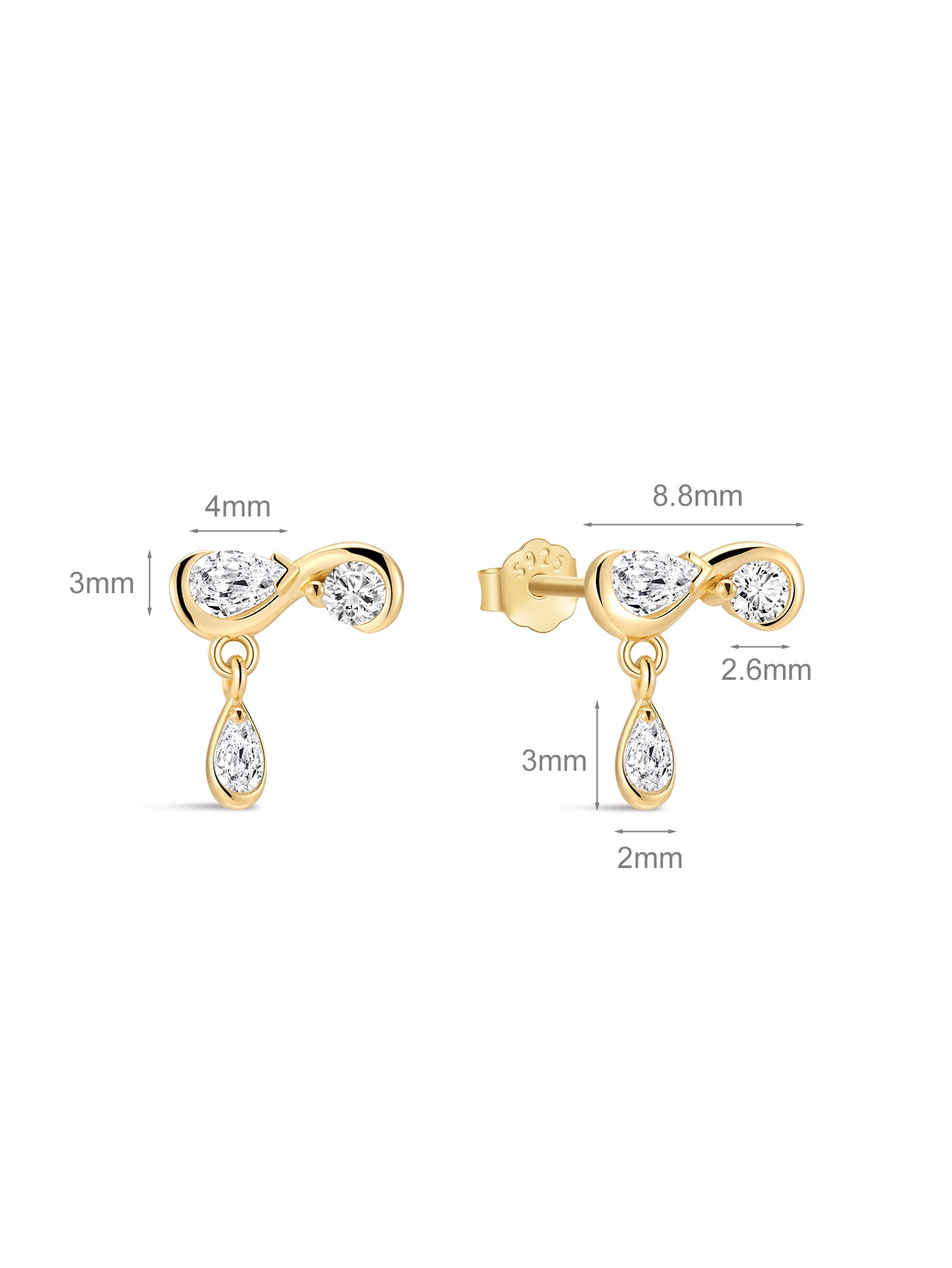 Pinos de gota CZ em ouro vermeil 18K