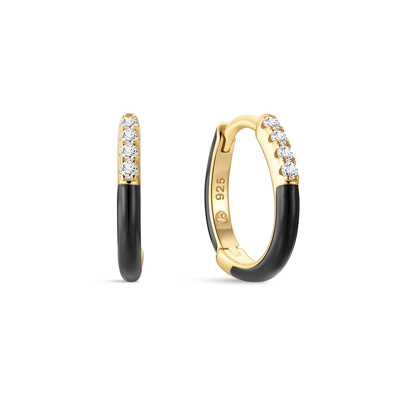 Puzzle Black Enamel CZ Hoops in Sterling Silver