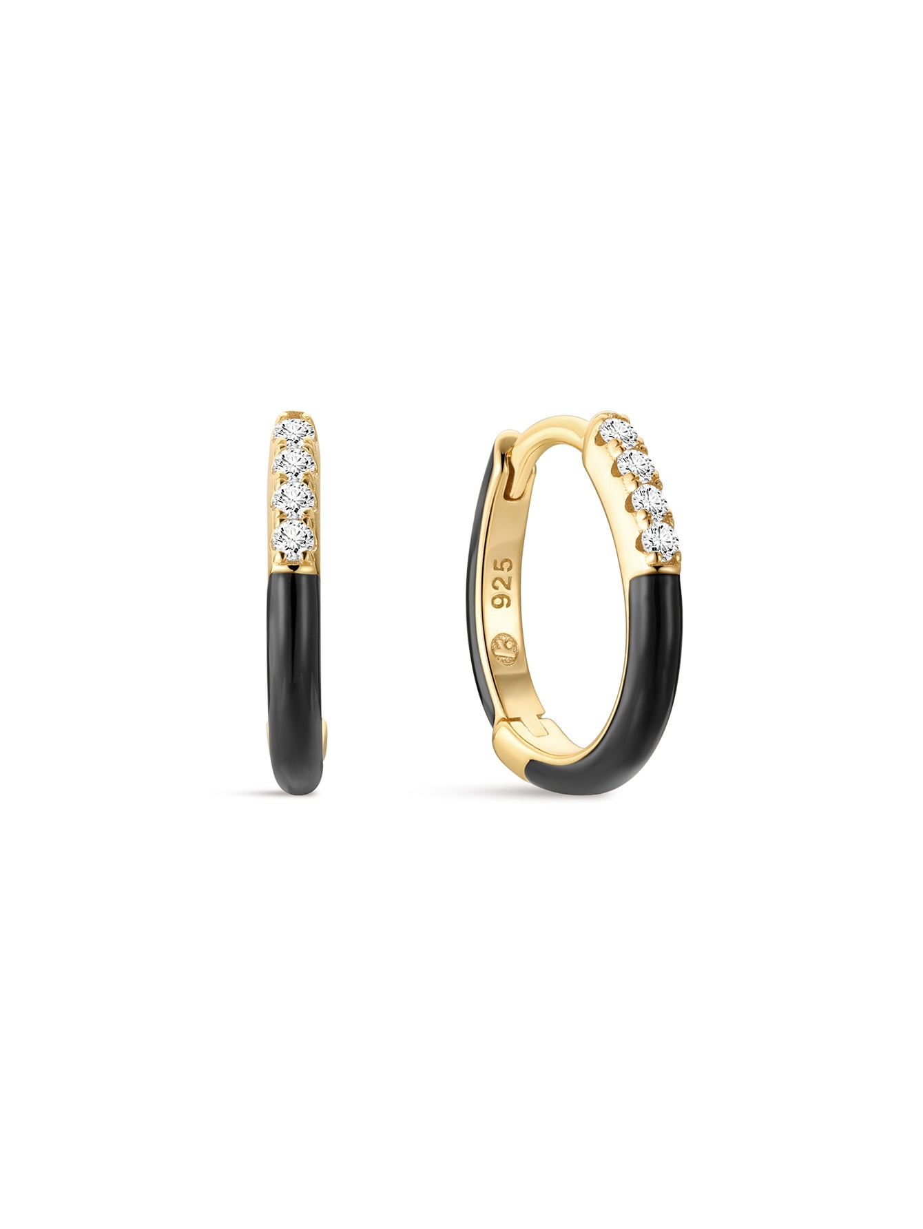 Puzzle Black Enamel CZ Hoops in Sterling Silver