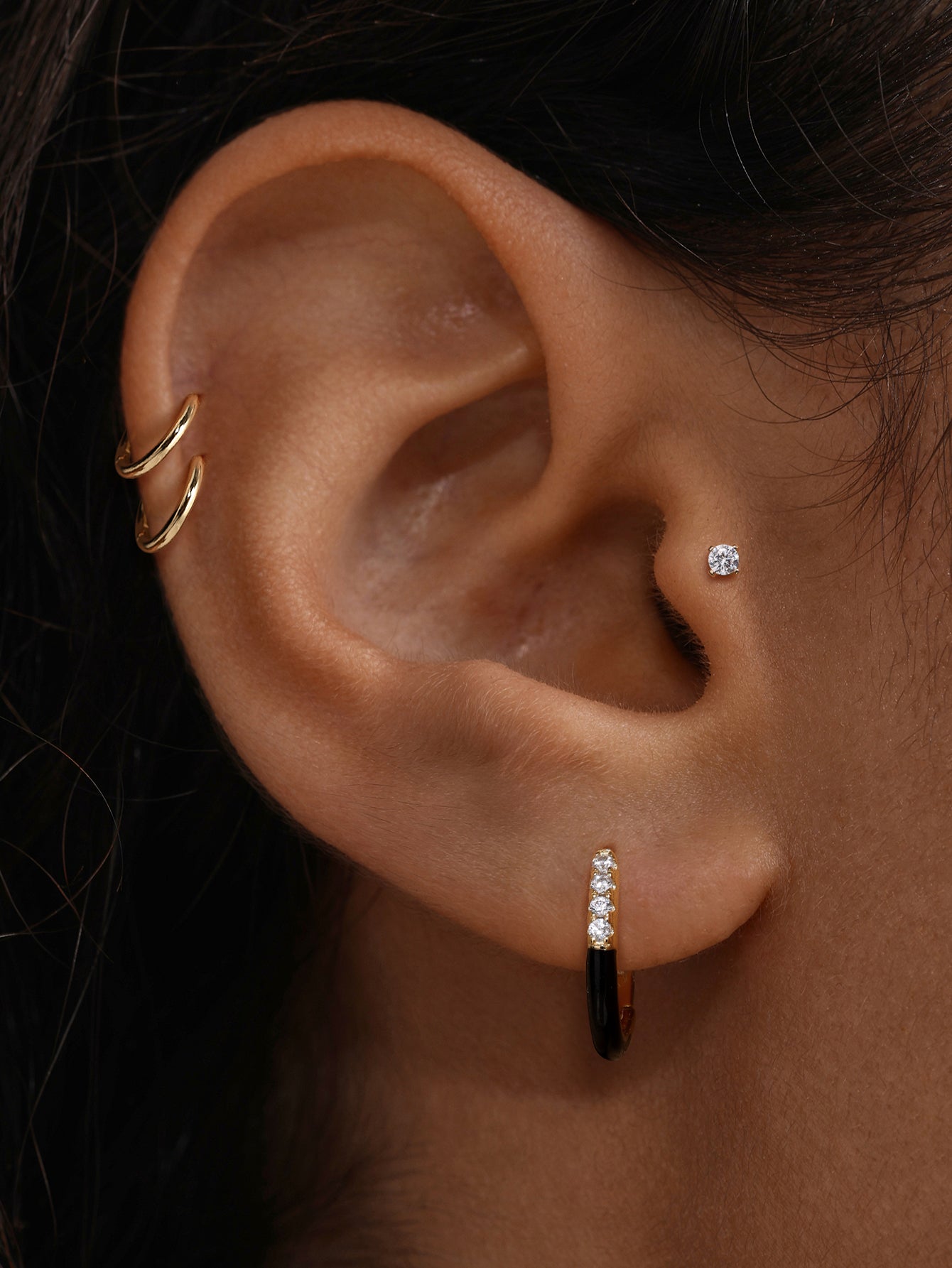 Puzzle Black Enamel CZ Hoops in Sterling Silver