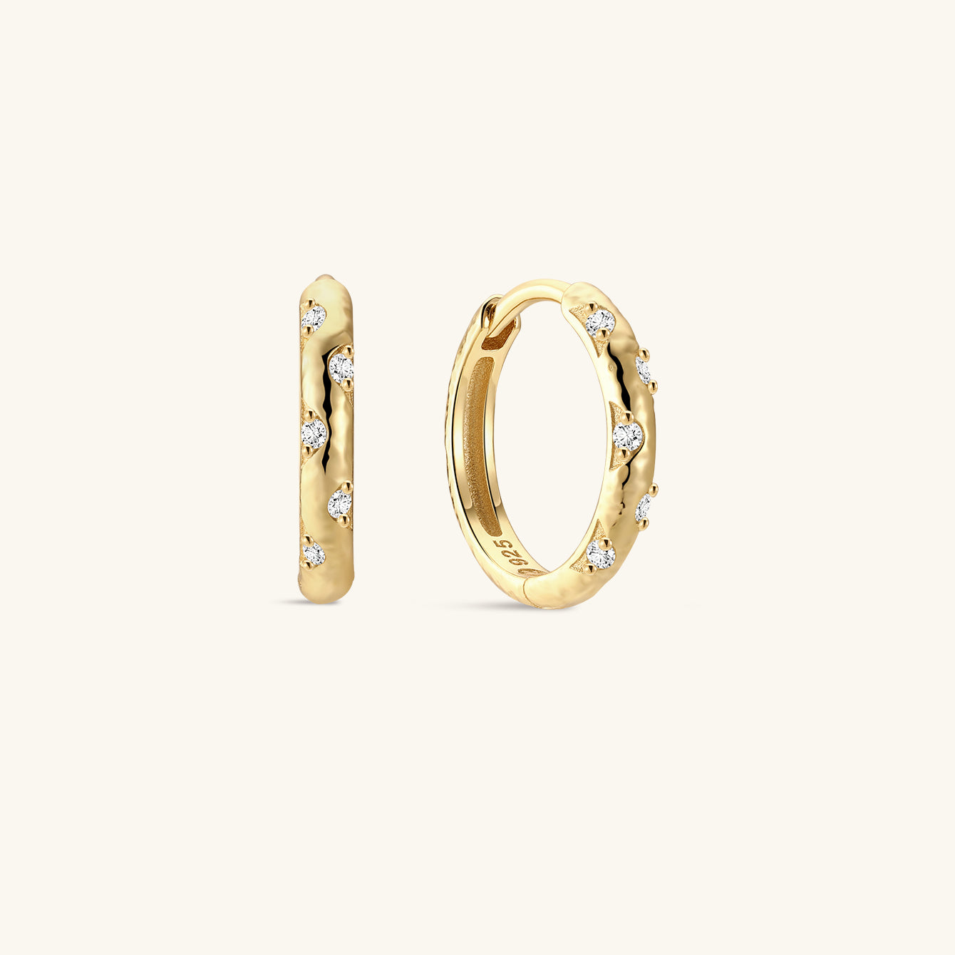 Crafted Hammered CZ Hoops in Sterling Sliver