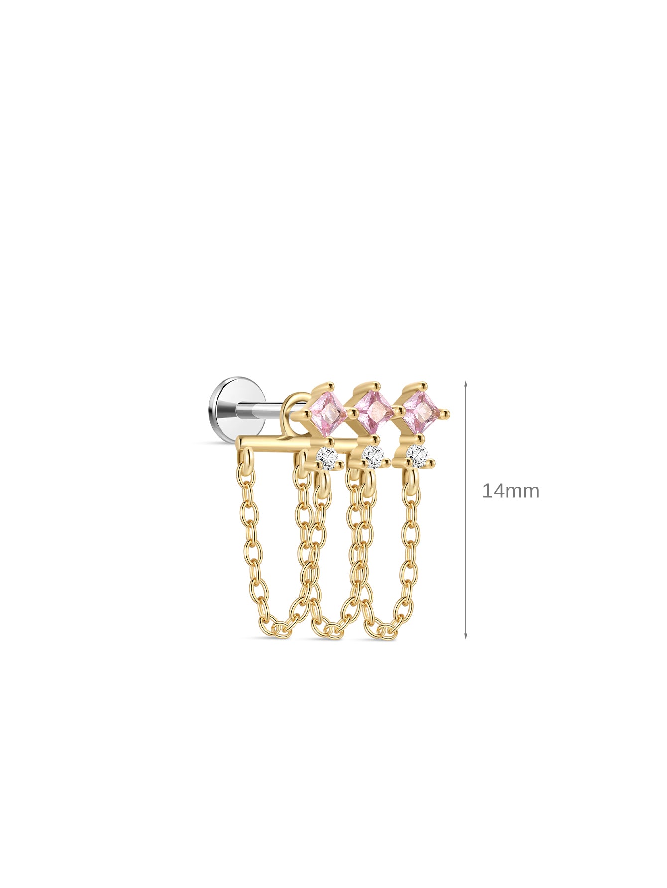 Pink Ritual Triple Chain Stud – 925 Sterling Silver Pink CZ Flatback