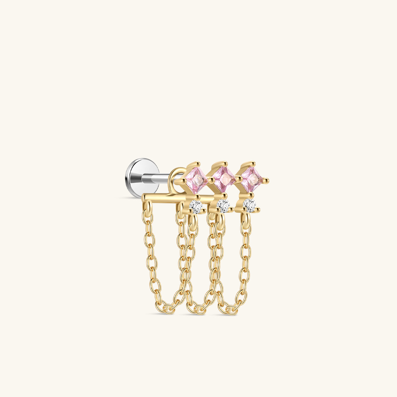 Pink Ritual Triple Chain Stud – 925 Sterling Silver Pink CZ Flatback