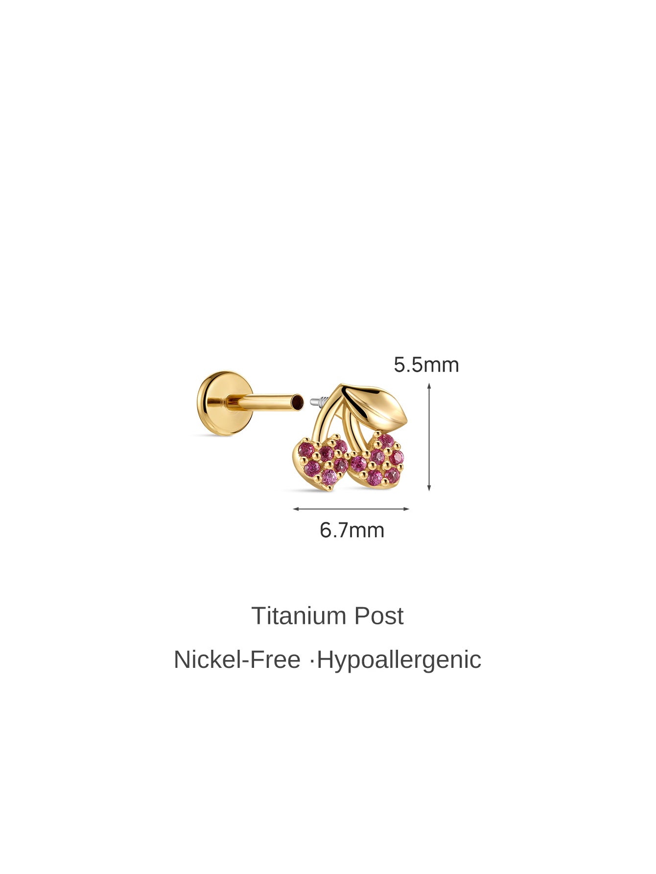 KOSINER Cherry Stud-afmetingen, 5,5 mm x 6,7 mm met hypoallergene titanium paal