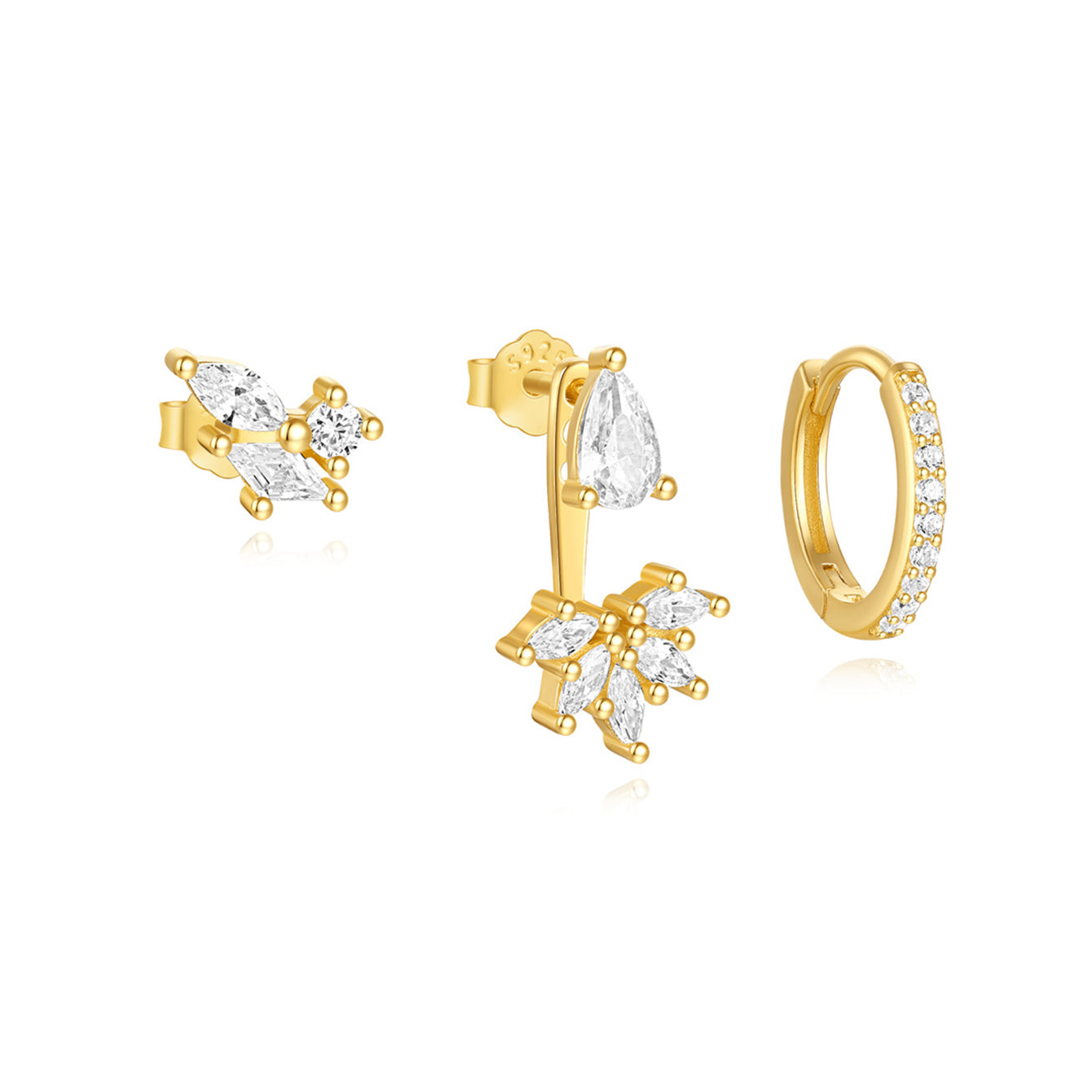 Gold 925 Sterling Silver Flower Teardrop Zirconia Combo Earrings.