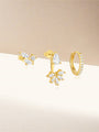 Gold 925 Sterling Silver combo earrings: cluster stud, teardrop ear jacket with floral accents, and small CZ hoop.