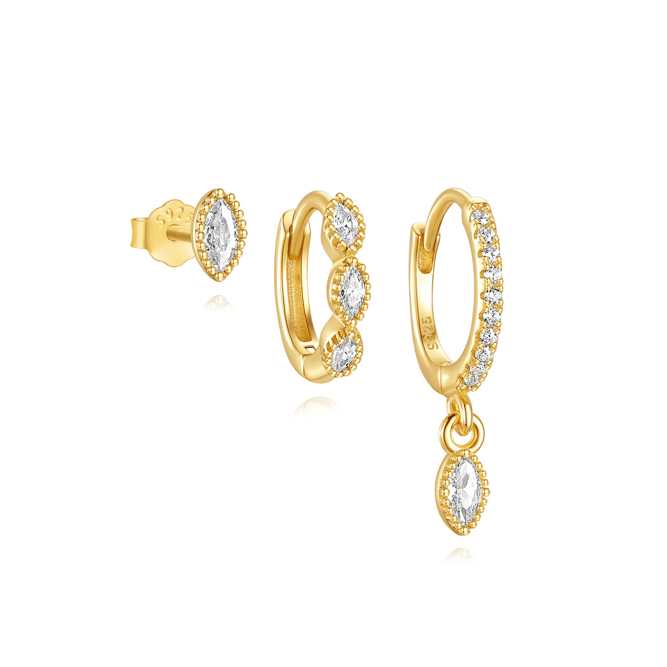 18K gold plated sterling silver earrings: stud, mini hoop, drop hoop with horse eye CZ & beaded edges.