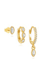 18K gold plated sterling silver earrings: stud, mini hoop, drop hoop with horse eye CZ & beaded edges.