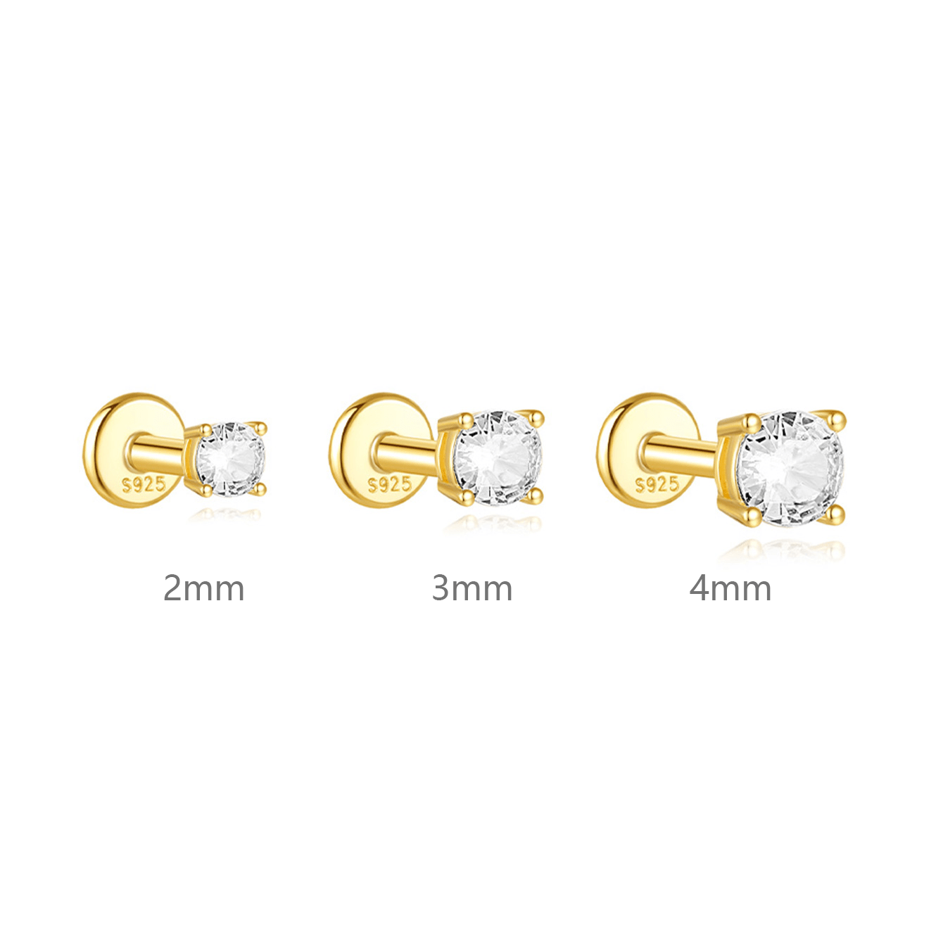 18kt gold plated sterling silver labret studs with round CZs in 2mm, 3mm, 4mm sizes, flat backs.