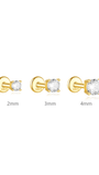 18kt gold plated sterling silver labret studs with round CZs in 2mm, 3mm, 4mm sizes, flat backs.