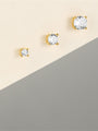 Three 18kt gold plated sterling silver round cubic zirconia stud earrings in 2mm, 3mm, and 4mm sizes with flat backs.