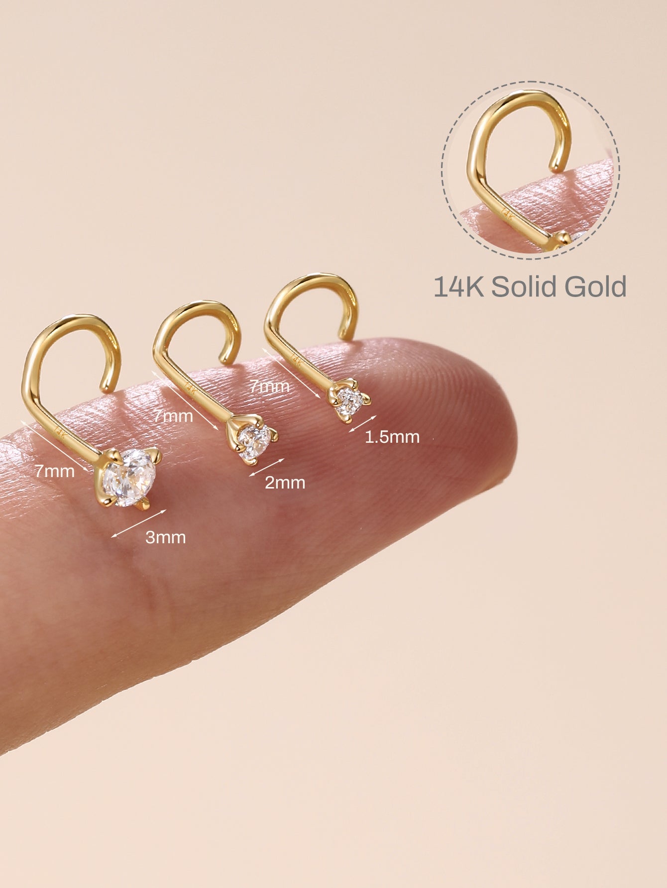 Technical size diagram for KOSINER twist nose hook, marked total length 7mm, wire thickness 0.8mm, stone sizes 1.5mm / 2mm / 3mm for size selection reference