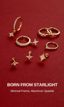KOSINER Starlight full star jewelry collection laid out on deep red background, showcasing assorted star hoop earrings, dangling star hoops and multiple variations of star flat back studs, headline text "BORN FROM STARLIGHT, Minimal Forms, Maximum Sparkle"