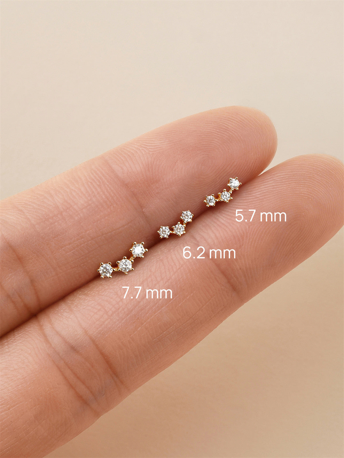 KOSINER Triple-Point Stud Size Guide (5.7/6.2/7.7mm), 14K Gold Flat Back Piercing Earring