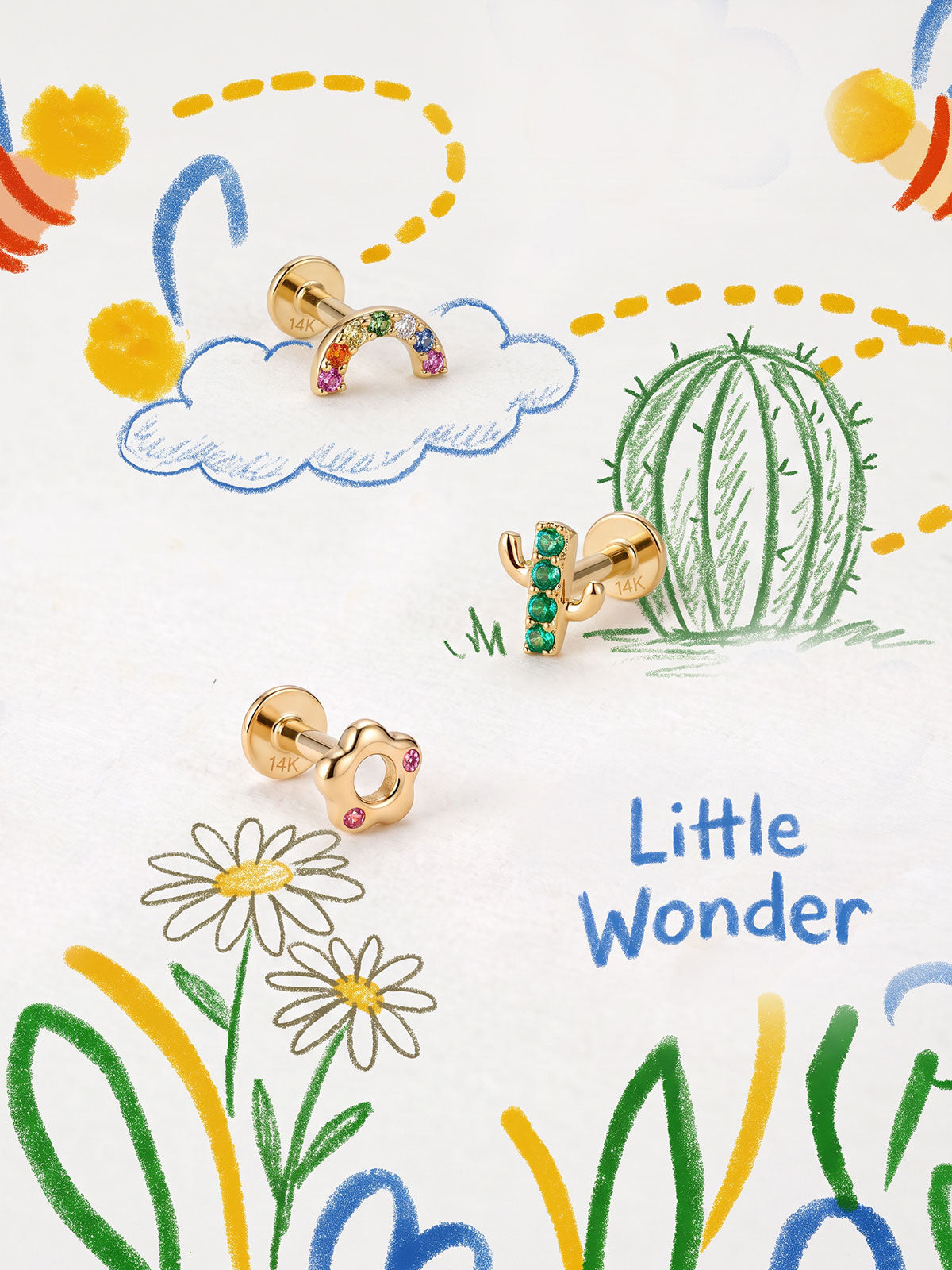 Little Wonder 14K gold cactus, rainbow and flower flat back stud collection