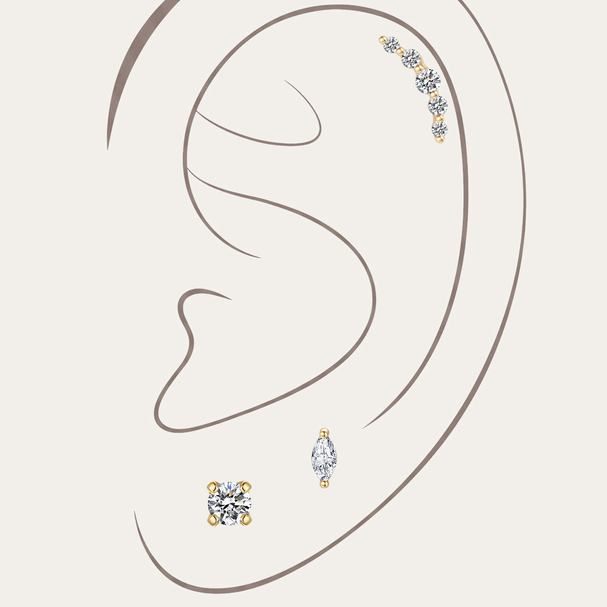 14K solid gold delicate lab-grown diamond ear piercing set styled on simple ear outline, featuring curved arc cartilage stud, round solitaire labret stud, marquise cut diamond flat back piercing, minimalist fine jewelry ear curation stack