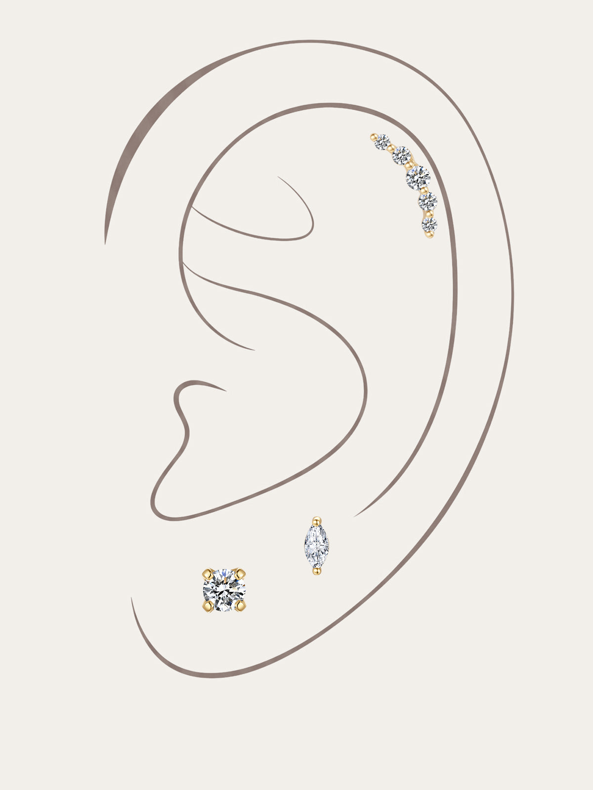 14K solid gold delicate lab-grown diamond ear piercing set styled on simple ear outline, featuring curved arc cartilage stud, round solitaire labret stud, marquise cut diamond flat back piercing, minimalist fine jewelry ear curation stack