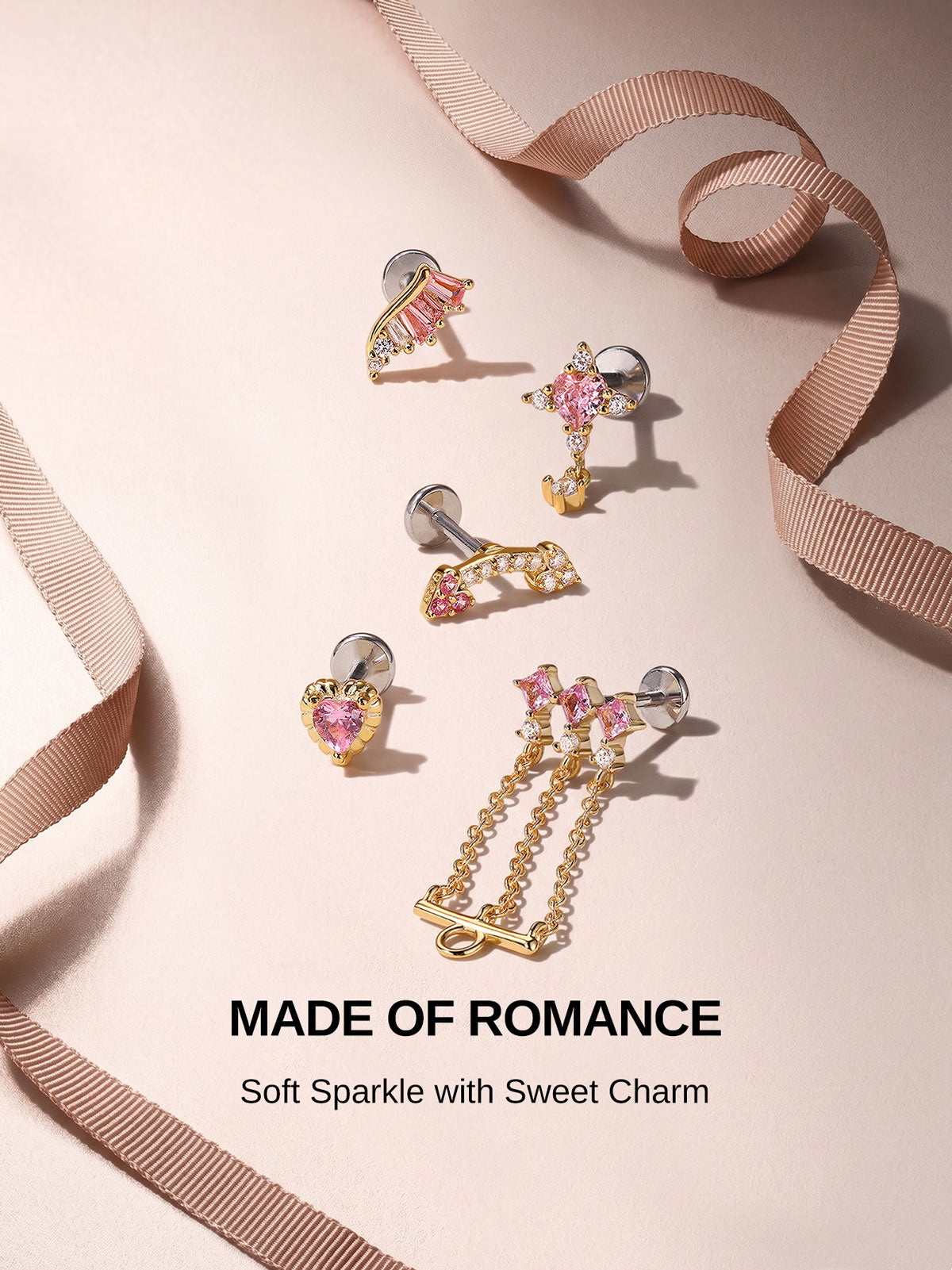 KOSINER Made of Romance pink gem piercing jewelry collection arranged with silky ribbon, including the signature Pink Ritual triple-chain pendant flat back stud, sweet sparkling romantic jewelry lineup