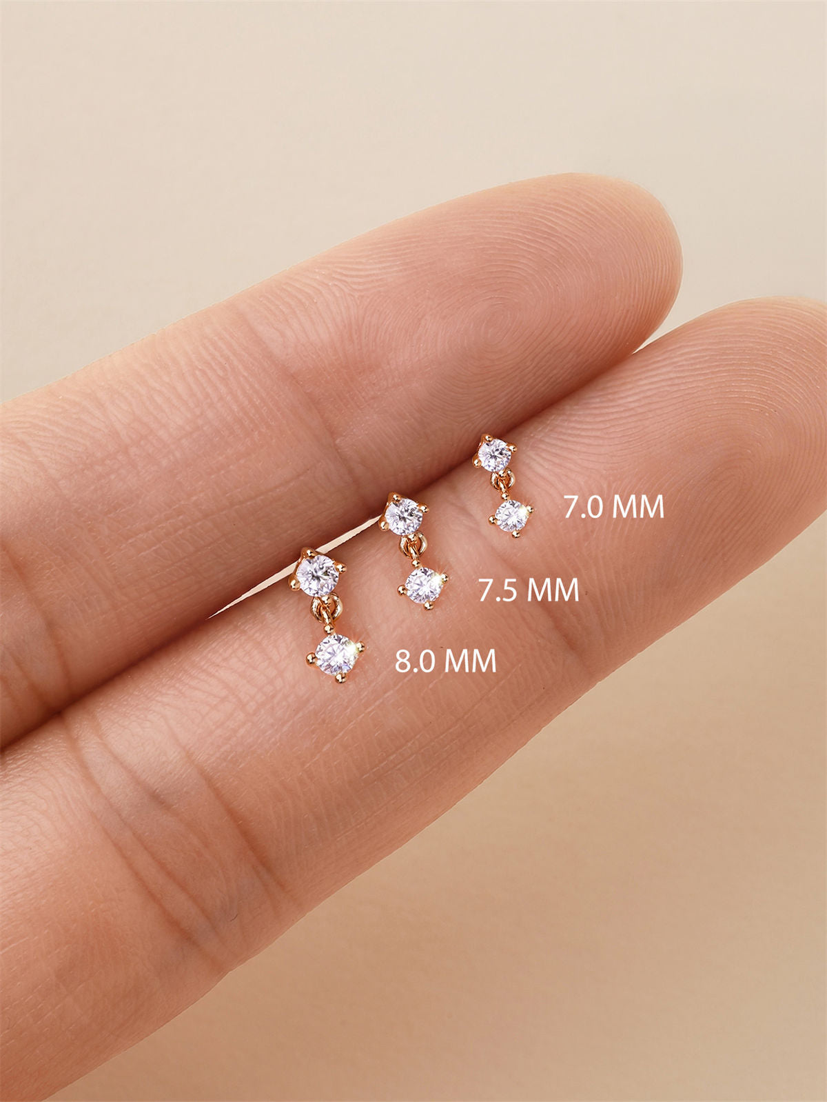 KOSINER 14K gold dangle flat back earring size comparison 7.0mm 7.5mm 8.0mm, minimalist drop stud for helix lobe piercing
