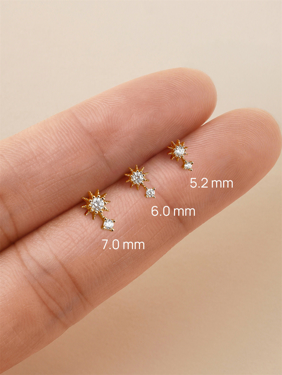 KOSINER Sunflower Stud Size Guide (5.2/6.0/7.0mm), 14K Gold Cartilage Earring