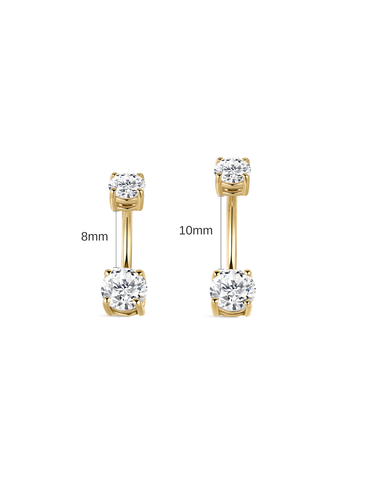 Side-by-side length comparison of 8mm and 10mm curved banana bar shafts for KOSINER classic double stone navel studs, clear dimension marking for post length selection