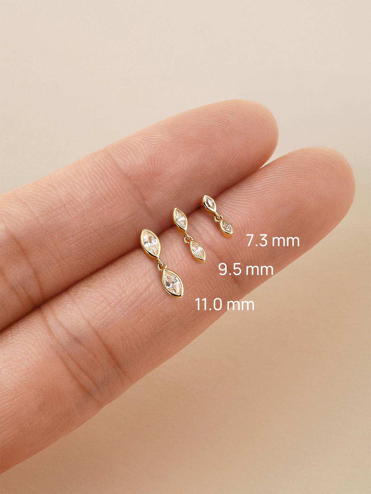 KOSINER Double Marquise Bezel Flat Back Stud Full Sizes 7.3mm 9.5mm 11.0mm, 14K Solid Gold Internal Thread Cartilage Piercing Stud