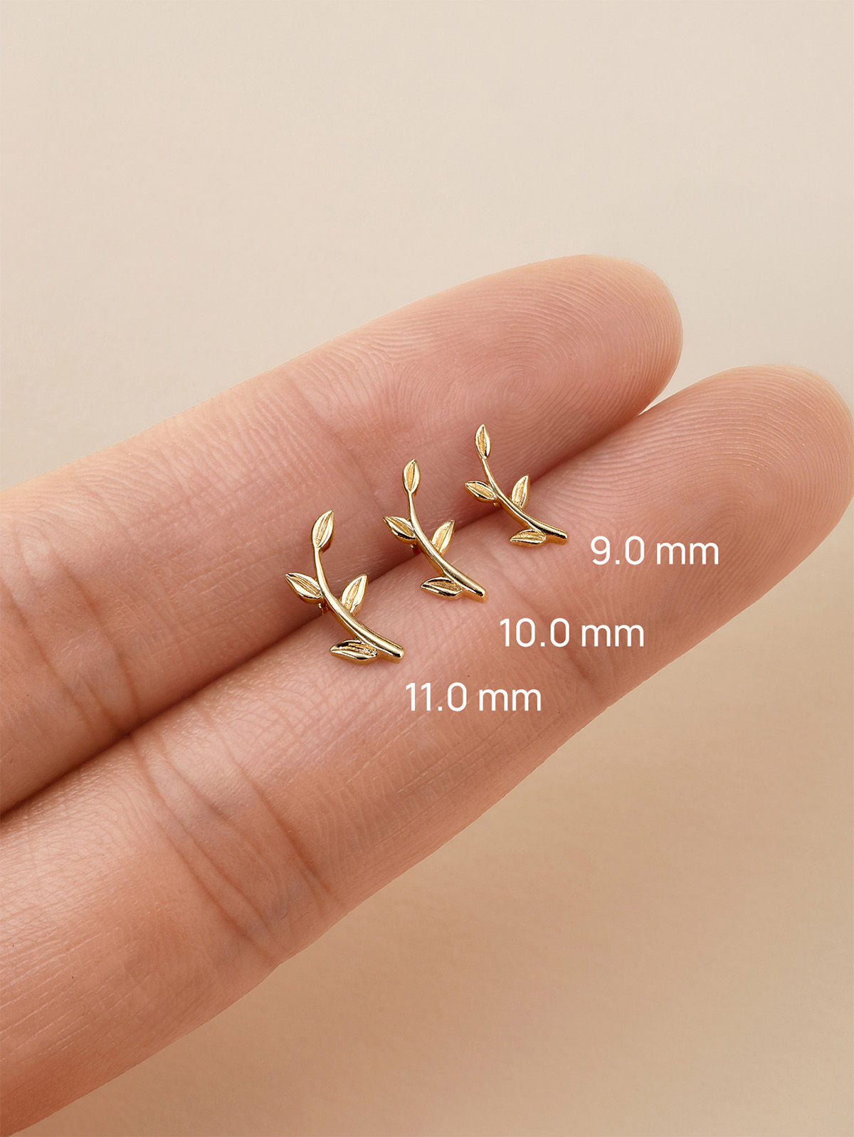 KOSINER 14K Solid Gold Minimal Leaf Branch Flat Back Piercing Stud, Nickel-Free Waterproof Dainty Nature Inspired Cartilage Earring for Multi Piercing