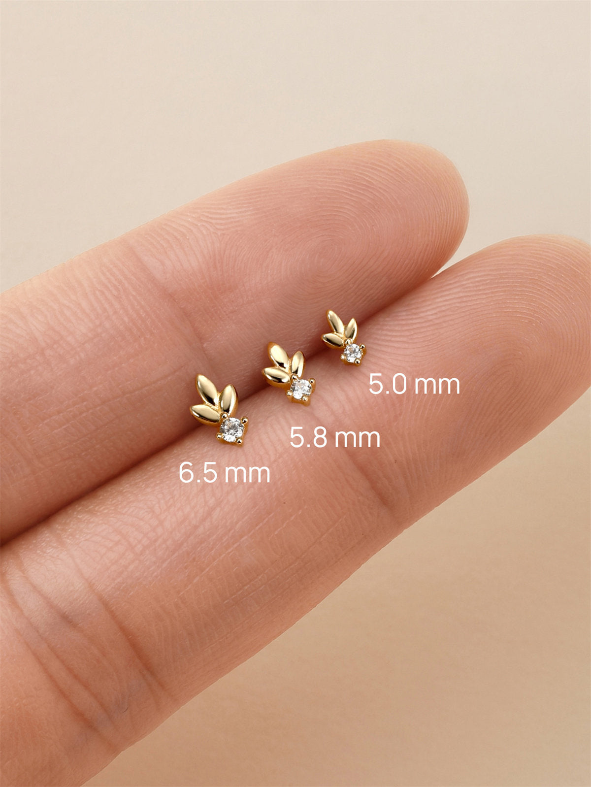KOSINER Leaf Stud Size Guide (5.0/5.8/6.5mm), 14K Gold Flat Back Piercing Earring