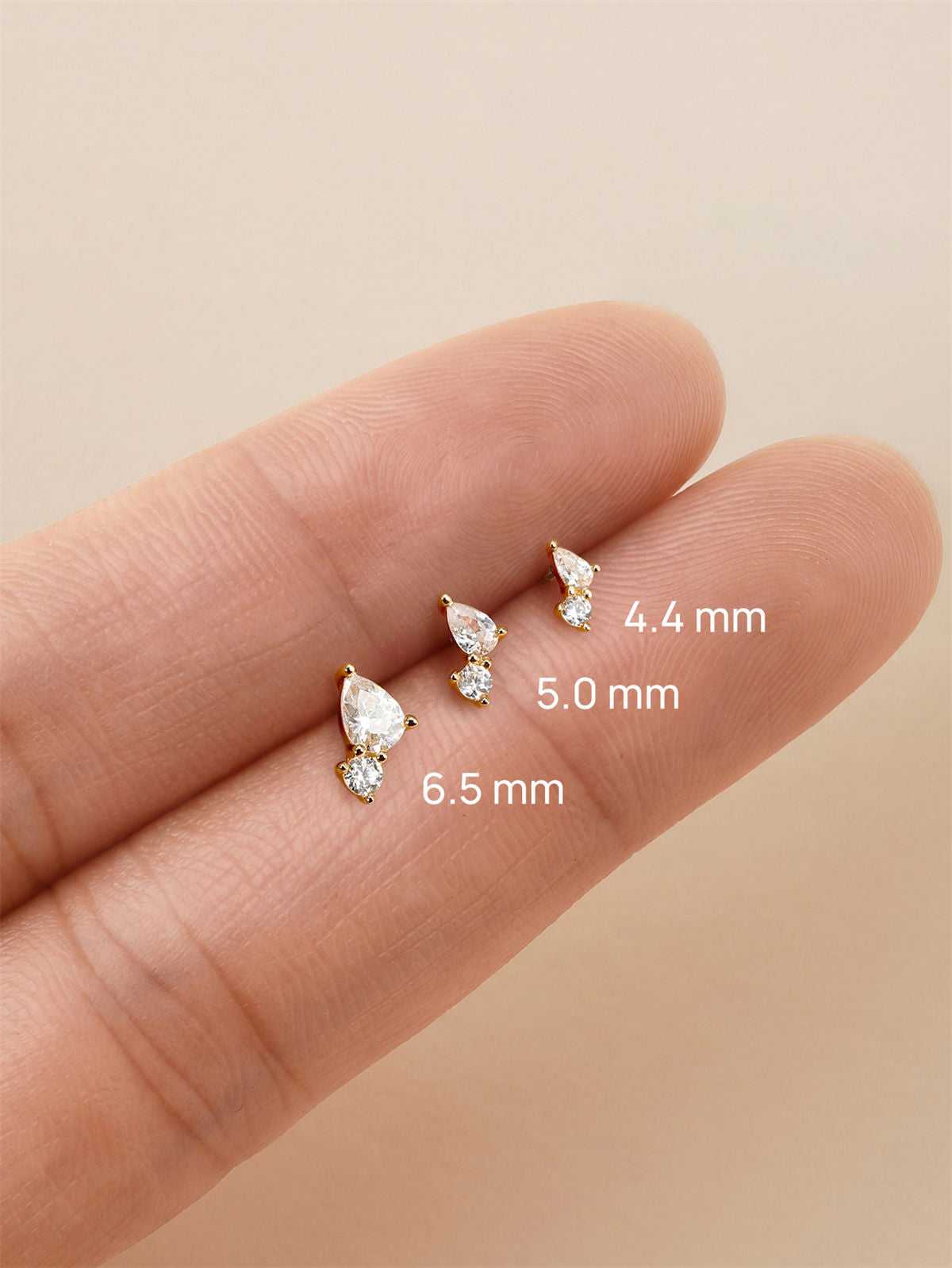 4.4/5.0/6.5mm Dual Pear CZ Flat Back Stud, 14K Solid Gold Dainty Multi Piercing Helix Lobe Ear Stack Jewelry