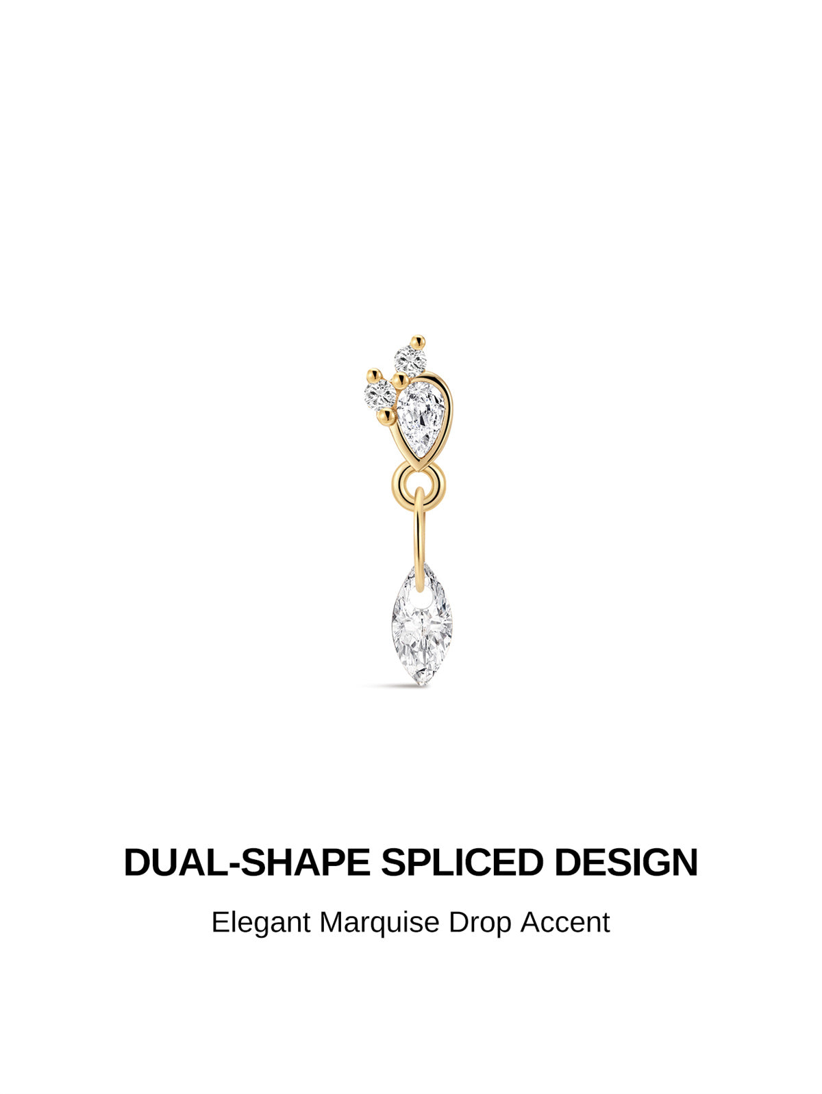 Dual-shape spliced design 14K solid gold flat back piercing stud, elegant marquise drop cz accent delicate cartilage earring
